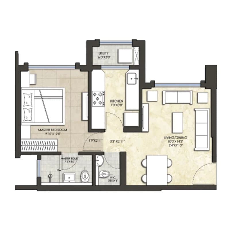 Floor Plan 1 BHK-446 Sq.ft.