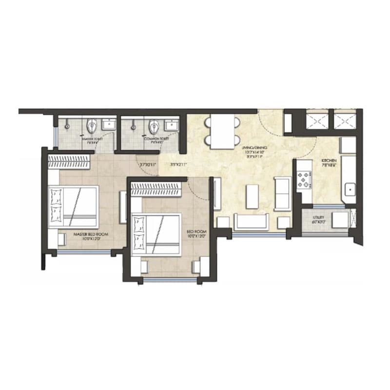 Floor Plan 2 BHK-722 Sq.ft.