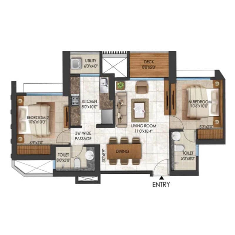 Floor Plan 2 BHK-750 Sq.ft.