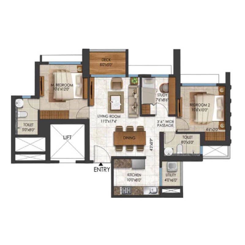 Floor Plan 2 BHK-Study 810 Sq.ft.