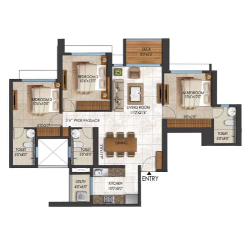 Floor Plan 3 BHK-977 Sq.ft.