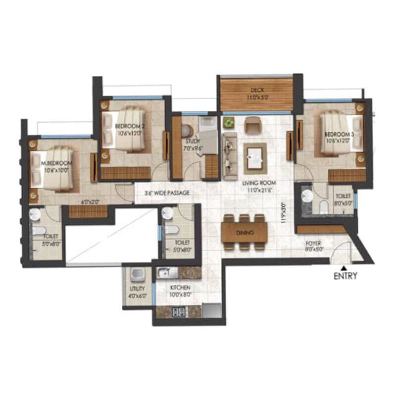 Floor Plan 3 BHK-Study 1146 Sq.ft.